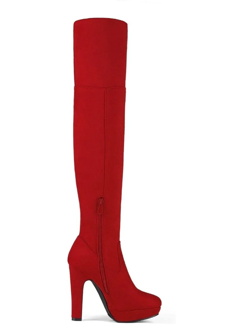 Women's Red High Heel Round Toe Faux Suede Over The Knee Thigh High Boots